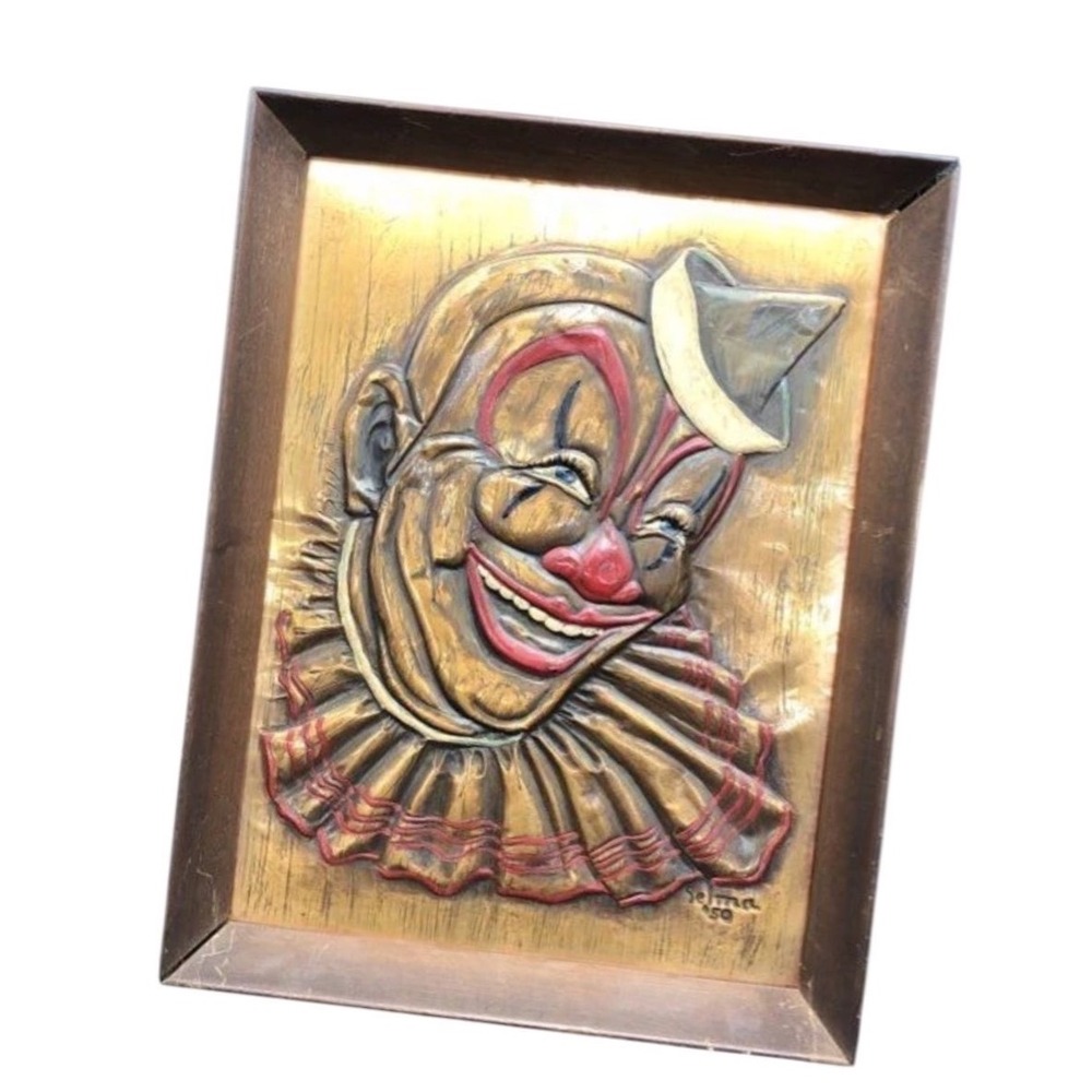 Vintage Clown Face Relief Plaque Art SELMA 1959 Framed Wall Decor